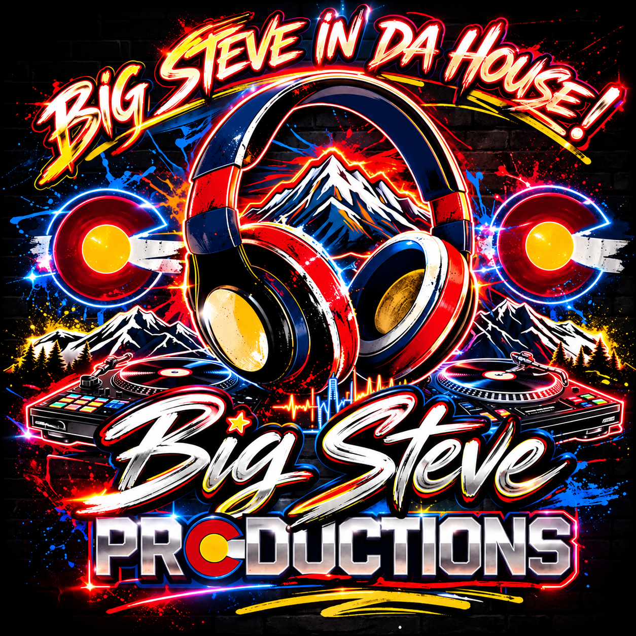 Original Big Steve Productions neon graffiti DJ logo featuring Colorado mountains, headphones and turntables
